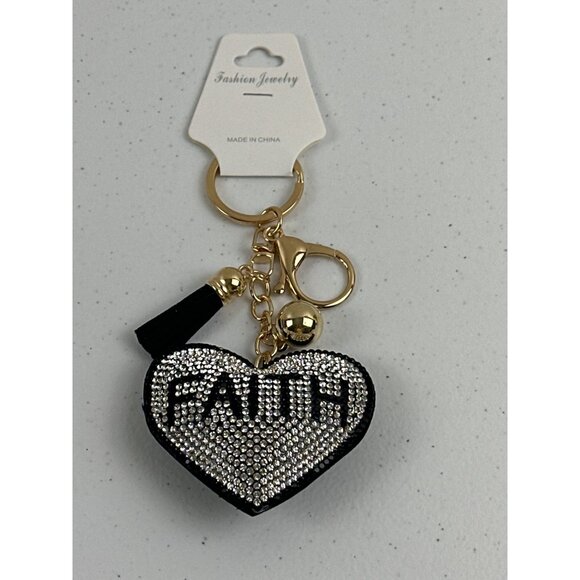 Rhinestone Faith Heart Keychain Lead Safe With Tassel & Gold Clip - Picture 2 of 4